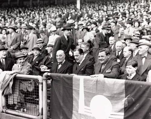 Babe Ruth, Jacob Ruppert, Grover Whalen and Crowd photograph, 1938 April 20