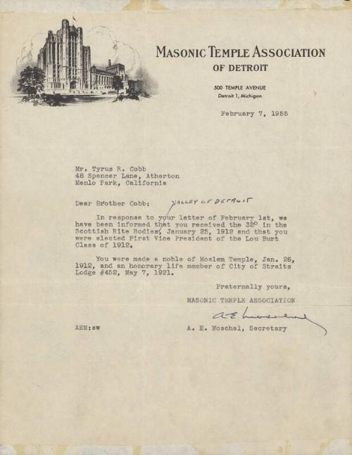 Letter from A. E. Moschel to Ty Cobb, 1955 February 07