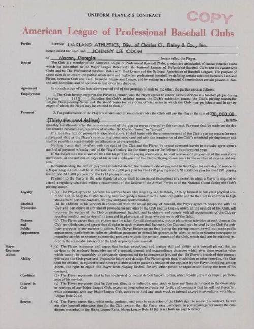 Johnny Lee Odom Oakland Athletics contract, 1972 February 03