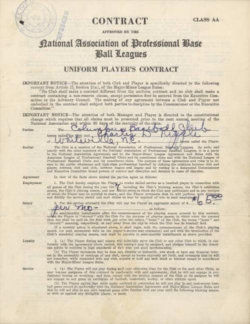 Charlie Ripple Columbus Baseball Club contract, 1936 August 25