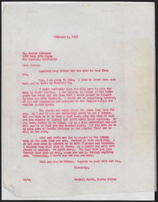 Letter from Wendell Smith to Jackie Robinson, 1947 February 04