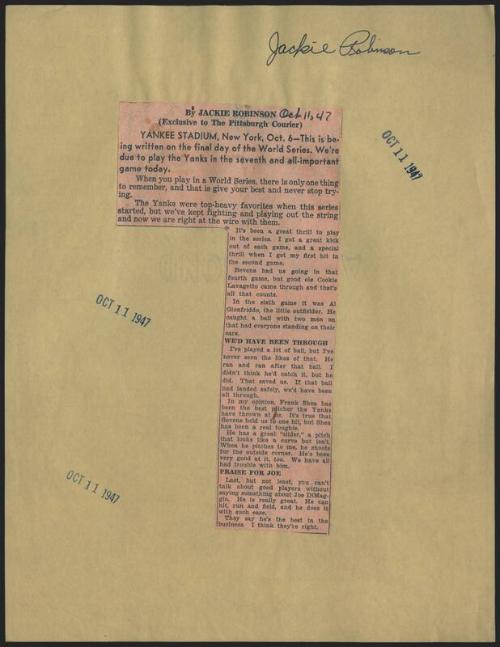 Jackie Robinson Account of the World Series article, 1947 October 11