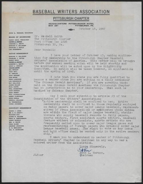 Letter from John Hernon to Wendell Smith, 1947 October 14