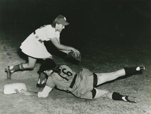 Betty Whiting and Dorothy Kamenshek Action photograph, between 1945 and 1952