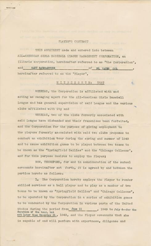 Mary Baumgartner All-American Girls Baseball League contract, undated