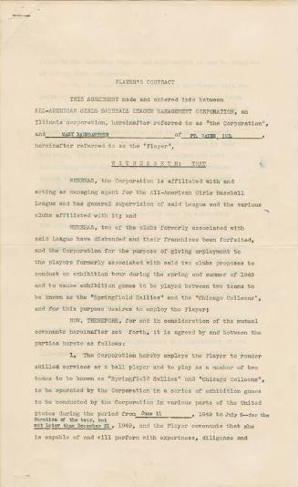 Mary Baumgartner All-American Girls Baseball League contract, undated