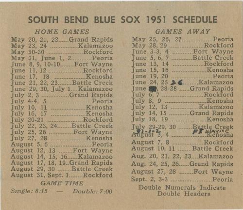 South Bend Blue Sox schedule, 1951