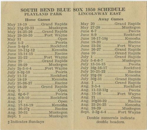 South Bend Blue Sox schedule, 1950