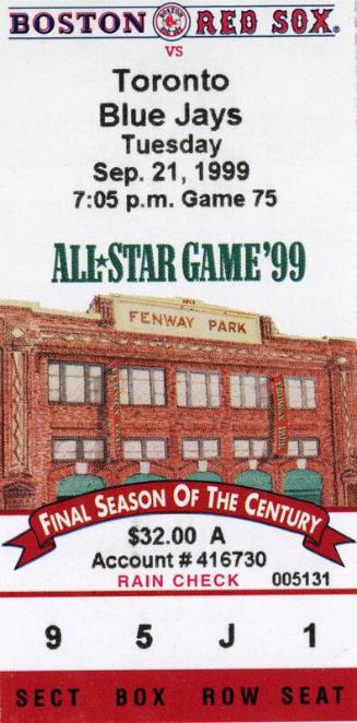 Boston Red Sox versus Toronto Blue Jays ticket, 1999 September 21