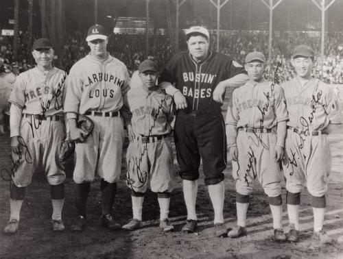 Babe Ruth, Lou Gehrig, and Fresno Club Team Barnstorming Tour photograph, 1927 October 29