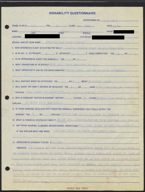 Mike Piazza Signability Questionnaire, 1986 May