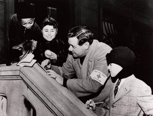 Babe Ruth and Children Volunteering with the Red Cross photograph, 1944