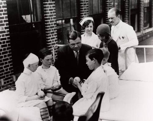 Babe Ruth Visiting Four Young Boys in Hospital photograph, undated