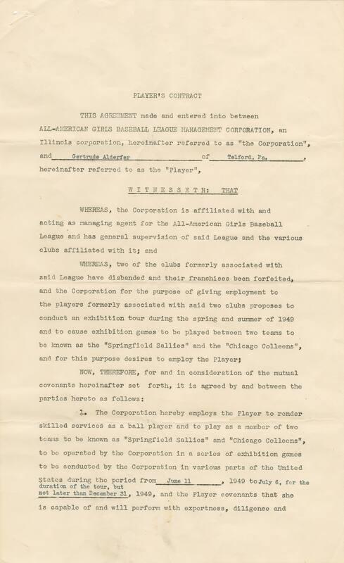 Gertrude (Alderfer) Benner All-American Girls Baseball League contract, circa 1949