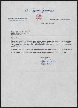 Letter from Roger Maris to Paul Gandolfo, 1961 October 02