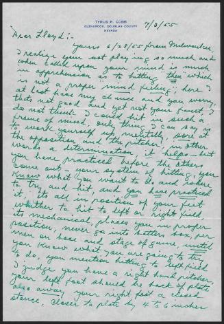 Letter from Ty Cobb to Lloyd Merriman, 1955 July 03