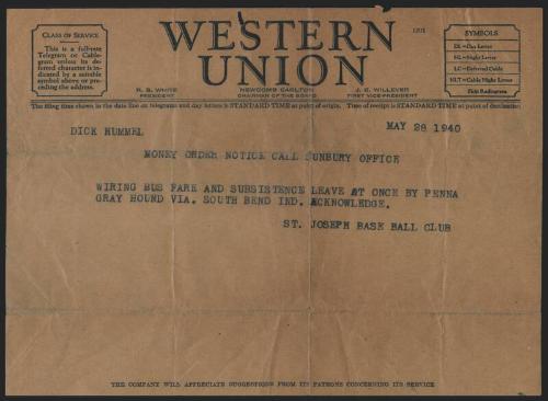 Telegram from St. Joseph Baseball Club to Dick Hummel, 1940 May 28