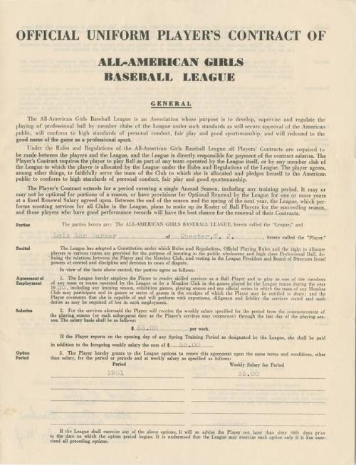 Lois Barker All-American Girls Baseball League contract, 1950 May 18