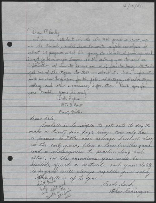 Letter from Dale Lopus to Charlie Gehringer, 1951 December 15