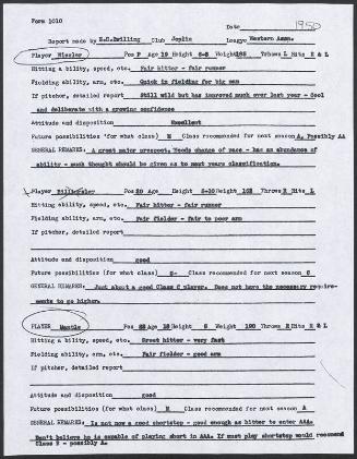 Mickey Mantle scouting report, 1950