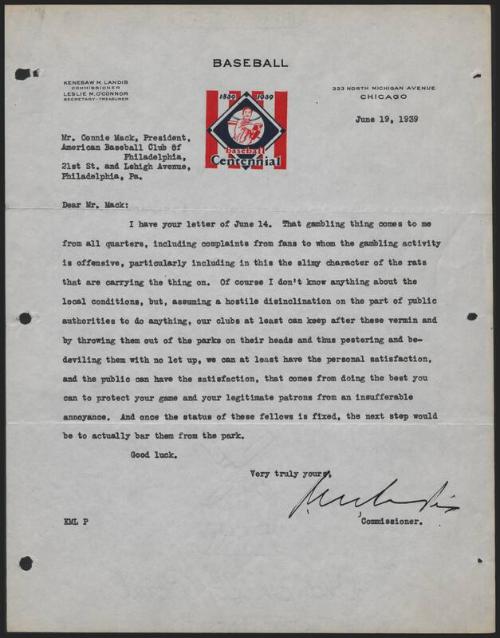 Letter from Kenesaw Mountain Landis to Connie Mack, 1939 June 19