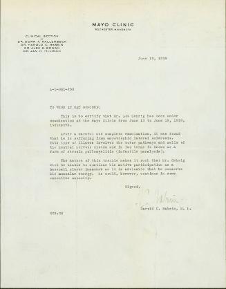 Letter from Harold C. Habein, M.D. to Whom It May Concern, 1939 June 19