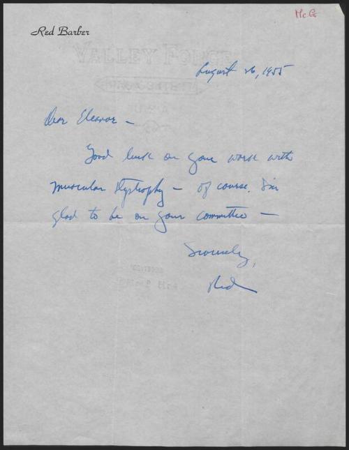 Letter from Red Barber to Eleanor Gehrig, 1955 August 16