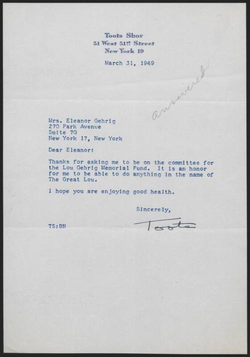 Letter from Toots Shor to Eleanor Gehrig, 1949 March 31