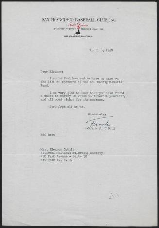 Letter from Lefty O'Doul to Eleanor Gehrig, 1949 April 06