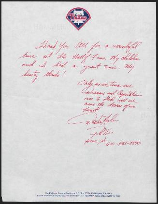 Letter from Dickie Noles to National Baseball Hall of Fame, 2001