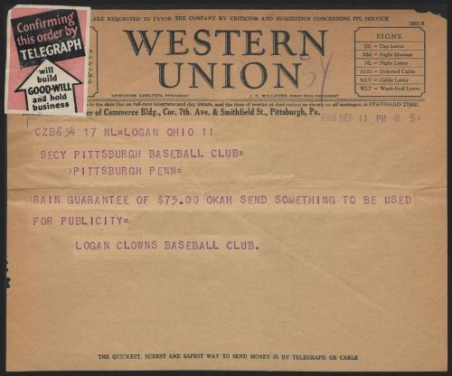 Telegram from Logan Clowns Baseball Club to S. E. Watters, 1929 September 11