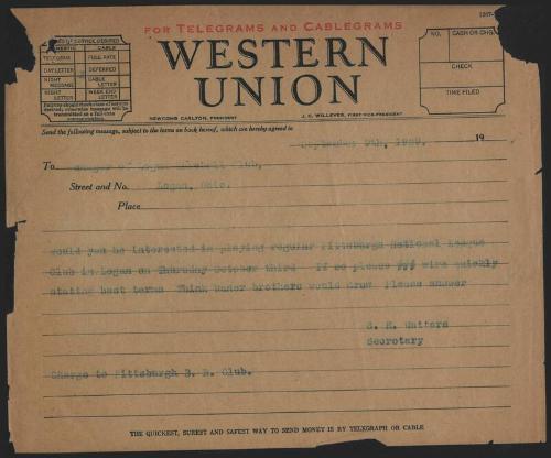 Telegram from S. E. Watters to Logan Clowns Baseball Club, 1929 September 09