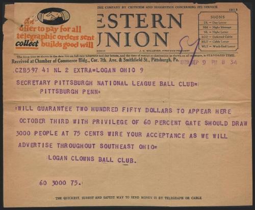 Telegram from Logan Clowns Baseball Club to S. E. Watters, 1929 September 09