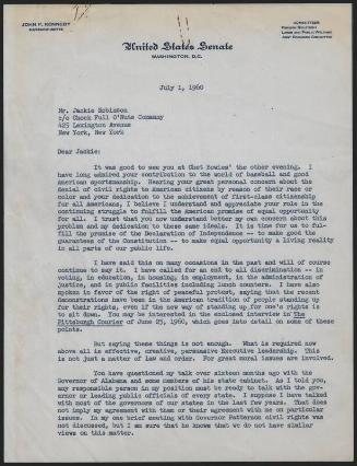 Letter from John F. Kennedy to Jackie Robinson, 1960 July 01