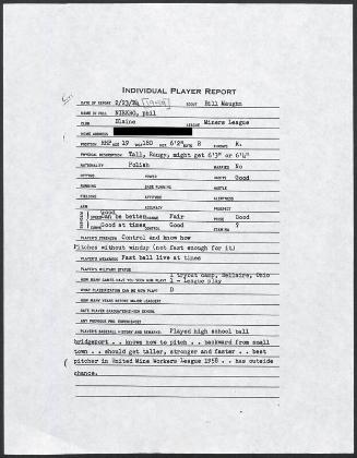 Phil Niekro scouting report, 1959 February 23