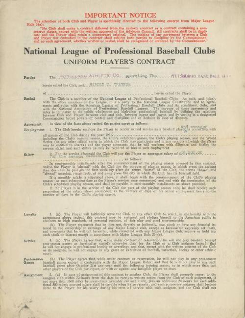 Pie Traynor Pittsburgh Baseball Club contract, 1934 October 27